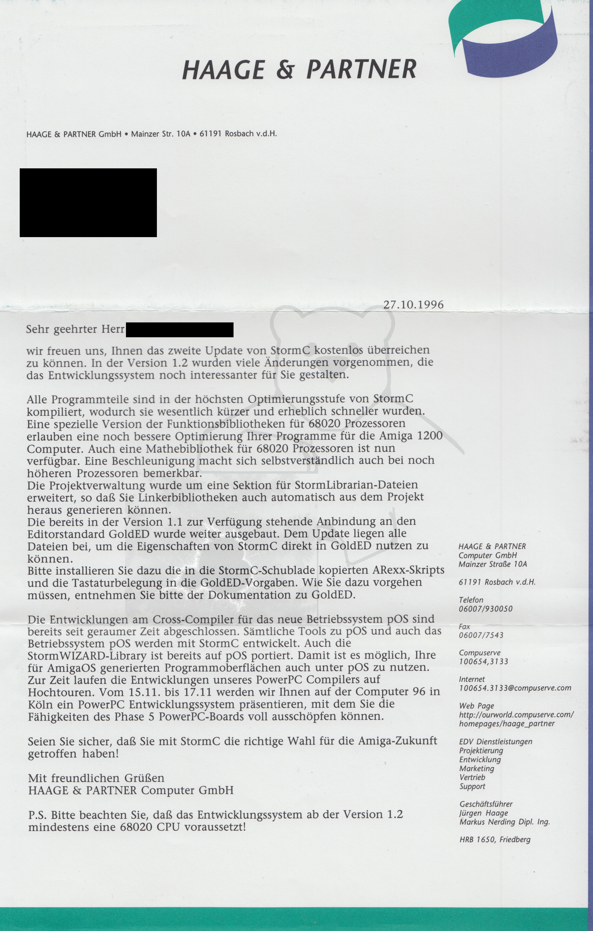 StormC V2.0 - Infobrief an einen Käufer